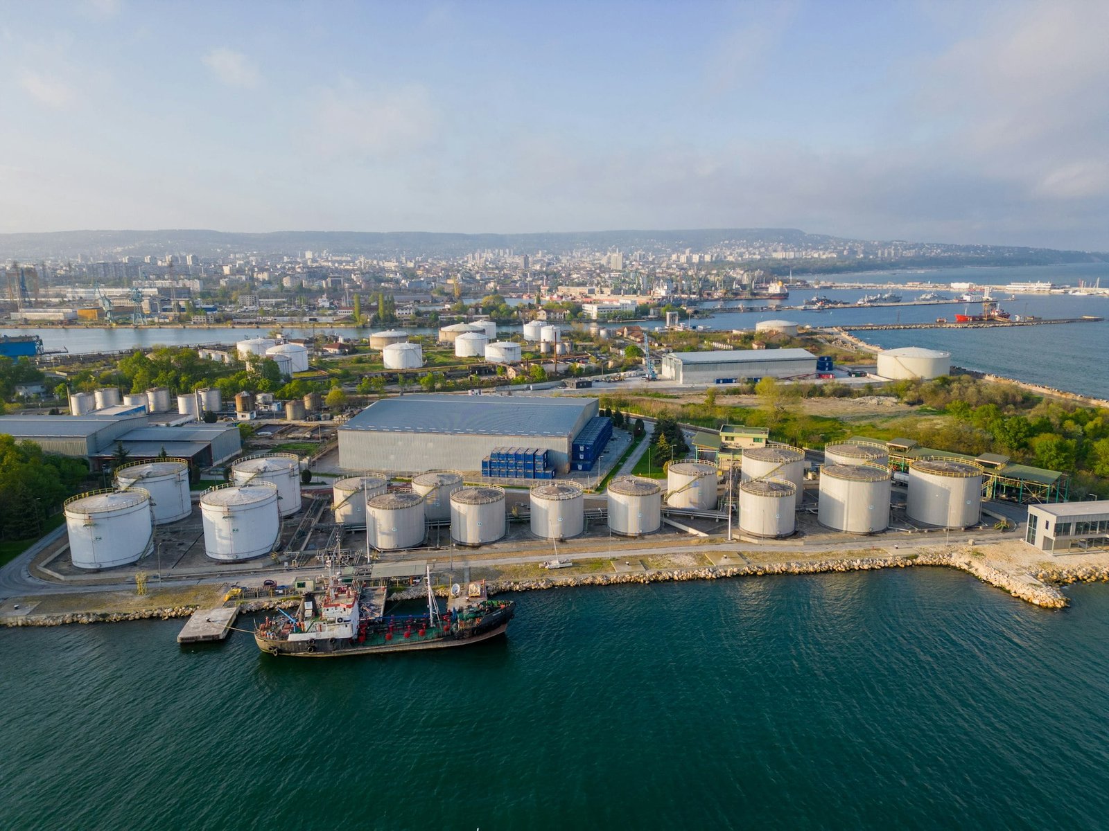 aerial view of the oil storage facility in Varna, Bulgaria. This critical infrastructure plays a