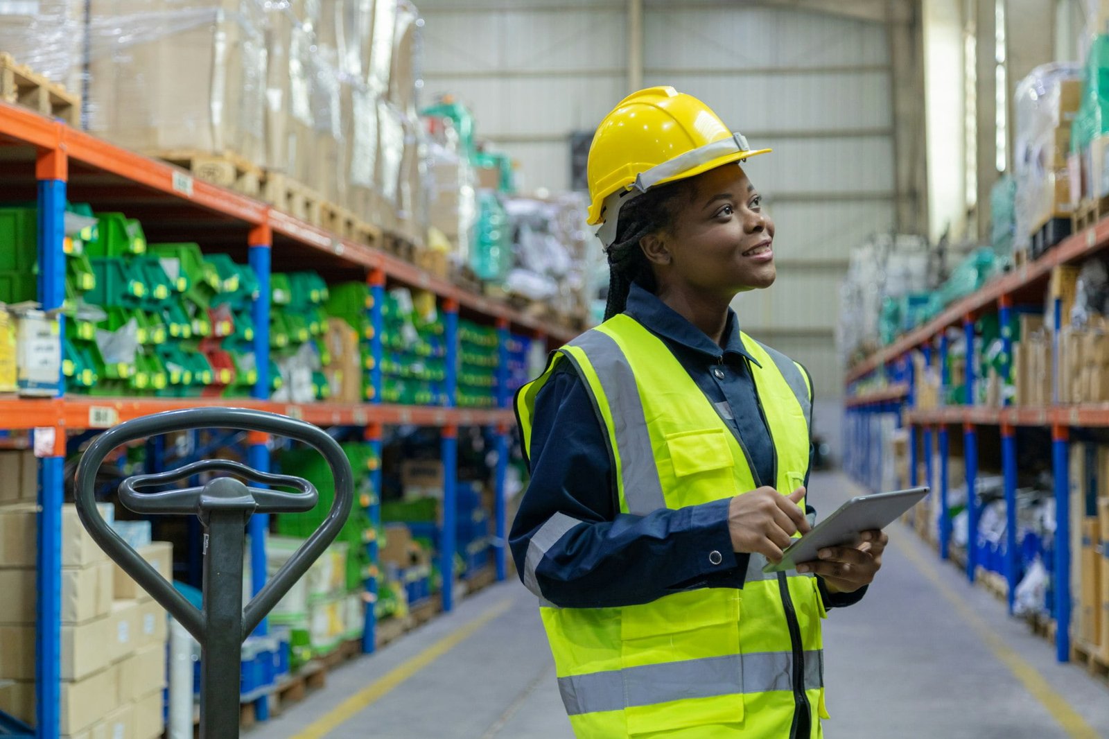 Store clerks inspect products, warehouses, industrial and logistics supply chains.